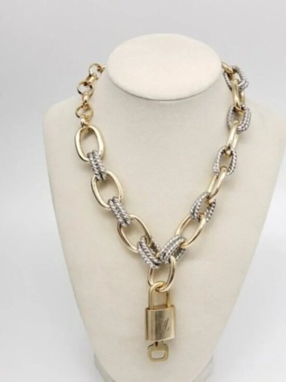 Authentic Louis Vuitton Gold Padlock w/ Unbranded Fashion Geometry Necklace - Picture 2 of 9